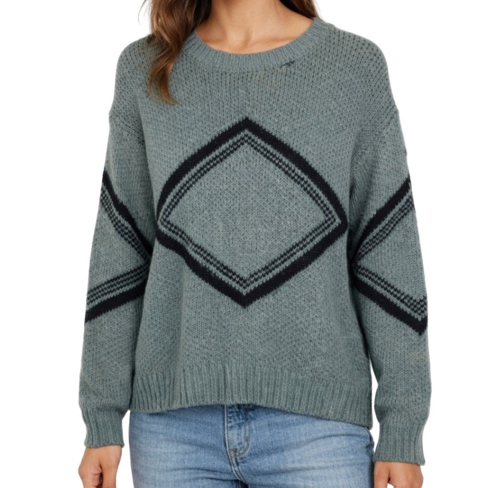 Womens Handmade‎ Grey Geometric Diamond Knit Oversized Crewneck Sweater Size M